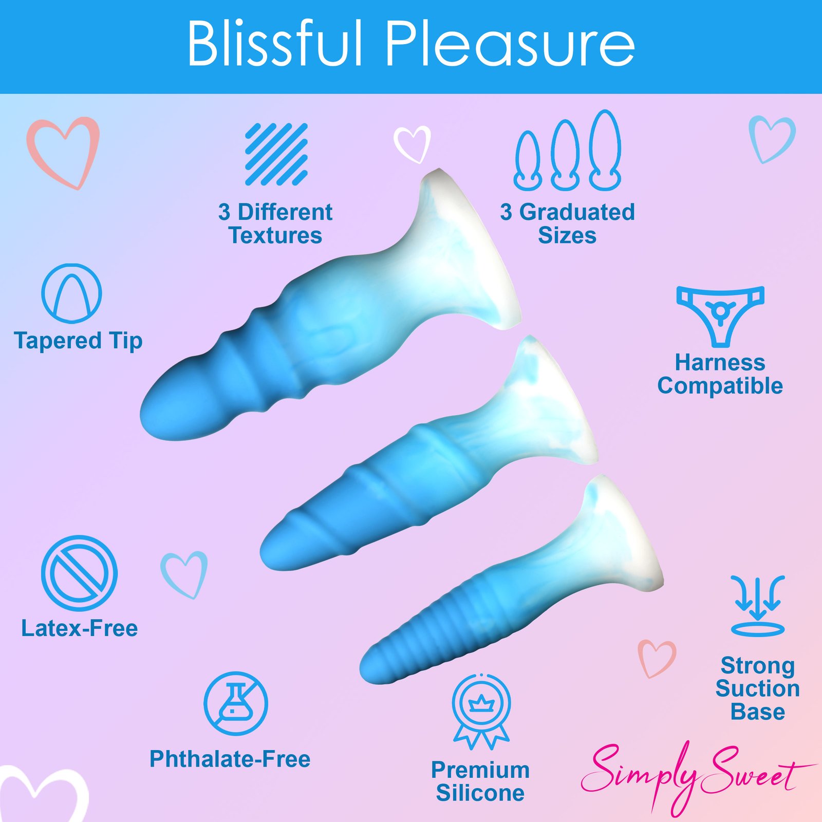 3 Piece Silicone Butt Plug Set - Blue - Image 5