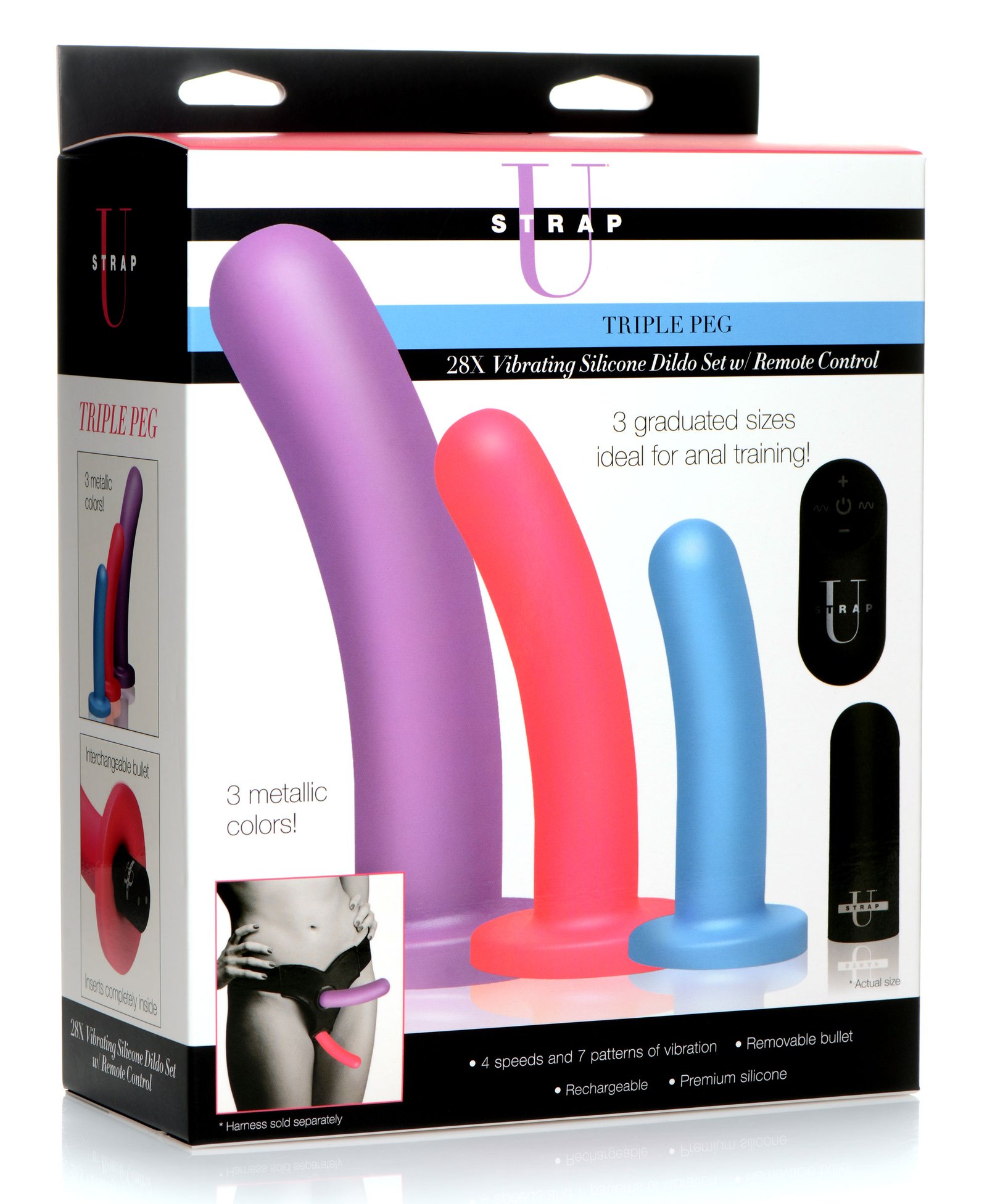 Triple Peg 28X Vibrating Silicone Dildo Set with Remote Control - Image 6