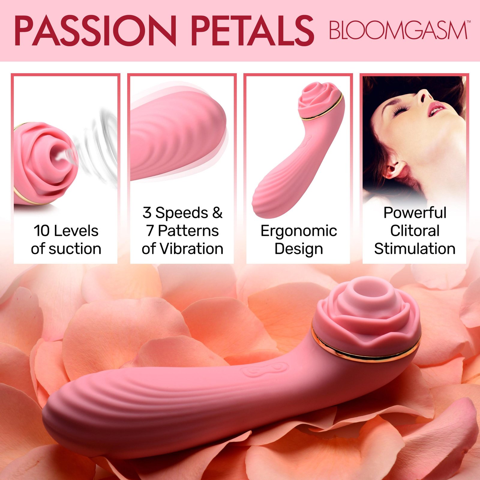 Passion Petals 10X Silicone Suction Rose Vibrator - Pink - Image 2